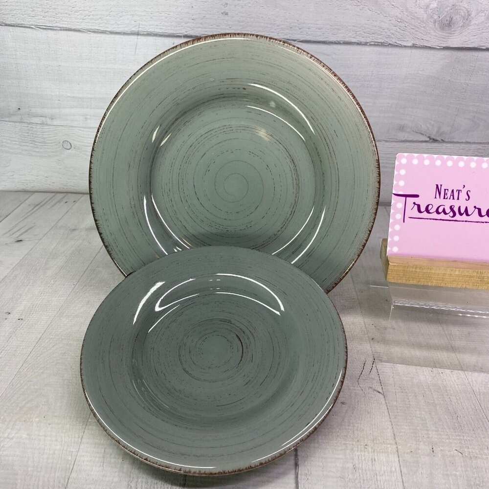 Tag Ltd SONOMA SLATE BLUE Rustic Brown Edge Ironstone Dinner & Salad Plate Set 2